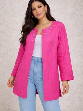 TABI XXL Hot Pink Linen Light Summer Coat Embellished Open Front Jacket